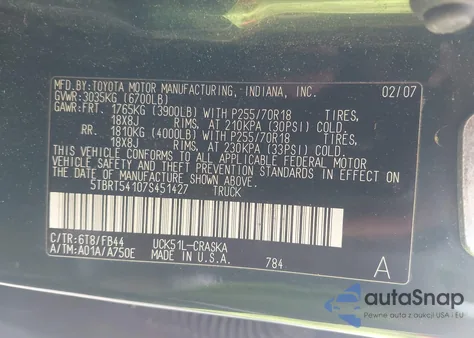 2007 Toyota Tundra Sr5 4.7L V8 from USA, damaged, VIN 5TBRT54107S451427